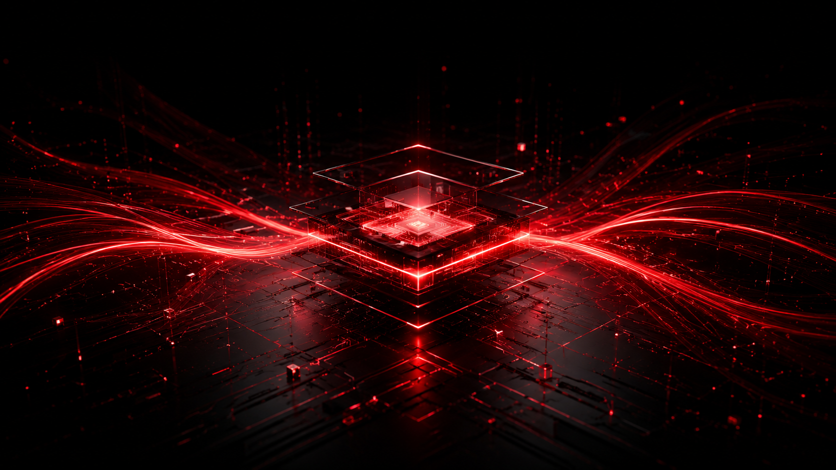 Grid litar 3D dengan kiub pelaksanaan kaca pusat dan aliran cahaya merah melalui kekisi.